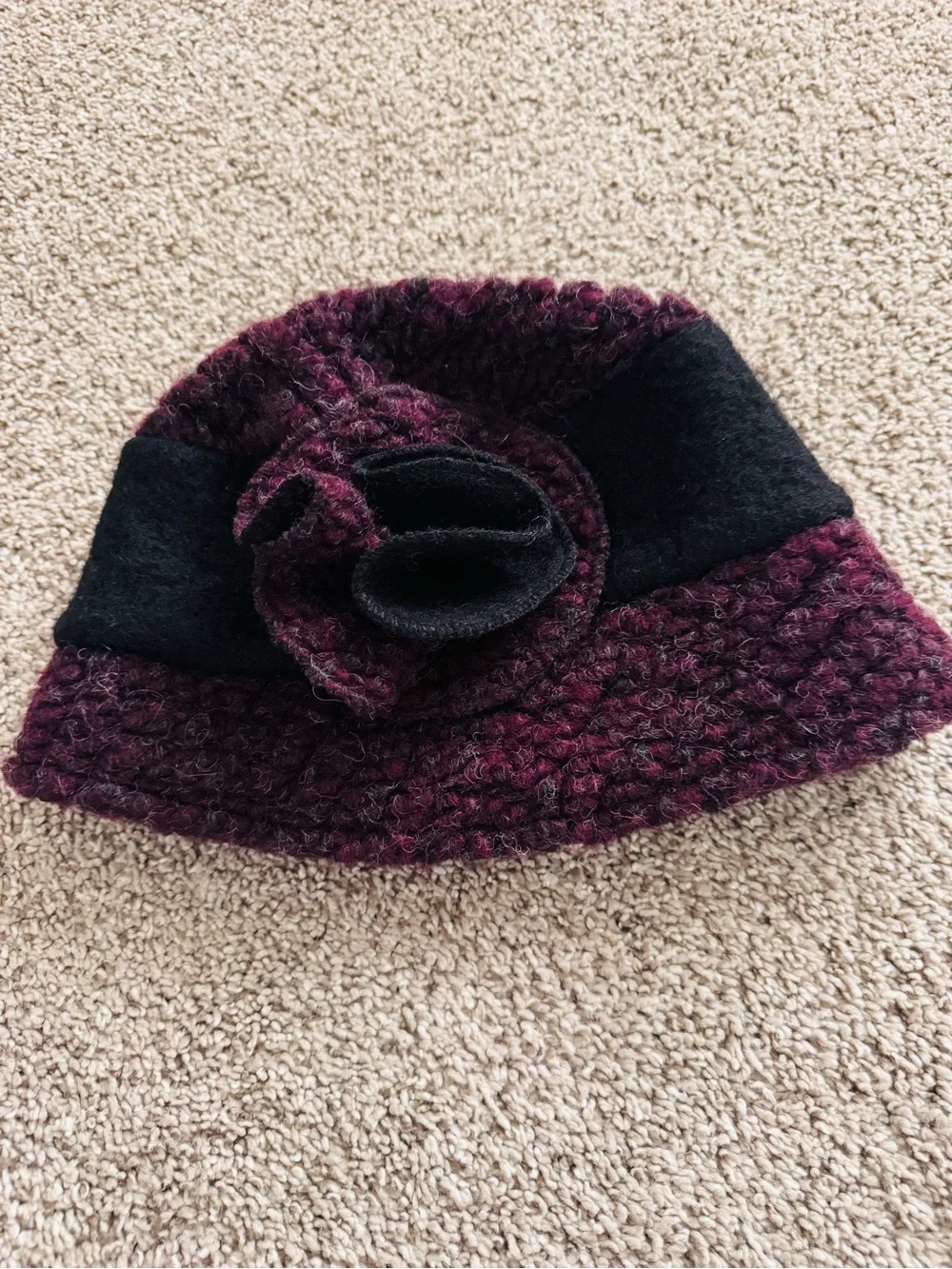 Womens Black and Plum Textured Cloche Hat with Flower Accent